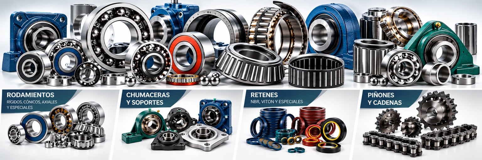 Rodamientos, chumaceras y soportes, retenes, piñones y cadenas industriales