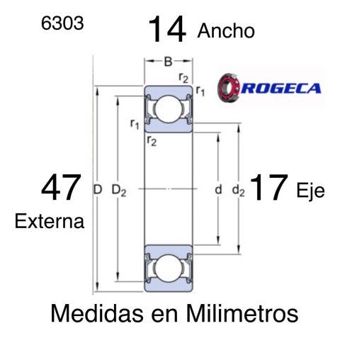 Rodamiento 6303 2rs Medidas 17x47x14 Milimetros - Imagen 2